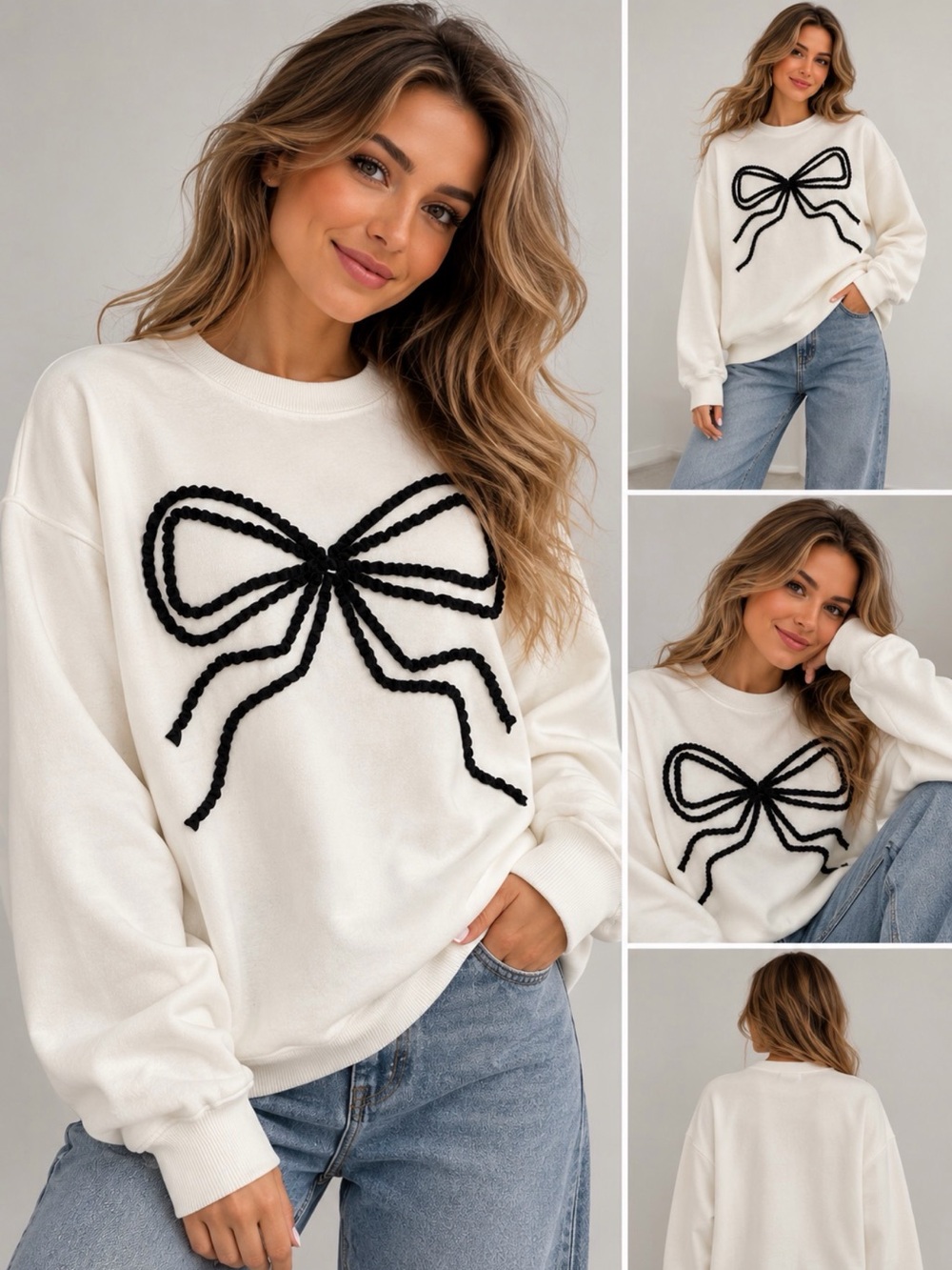 Zara White Crewneck Sweatshirt with Black Bow Applique